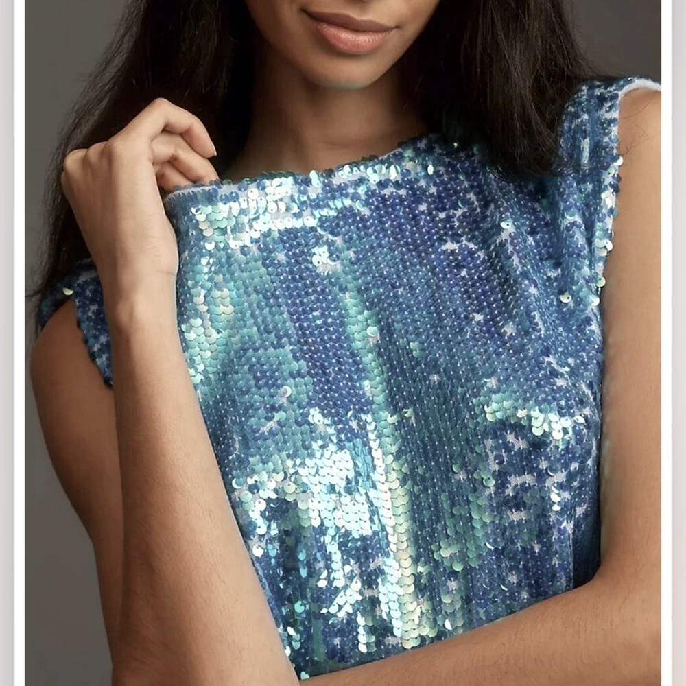Anthropologie Pilcro Sequined Wool Cashmere Knit Sleeveless Top Sky Blue Size M - Picture 4 of 13
